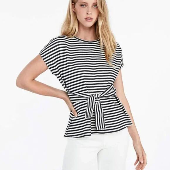 Express  Striped Tie Waist Black & White Cotton Blend Blouse Size Medium - Picture 1 of 12
